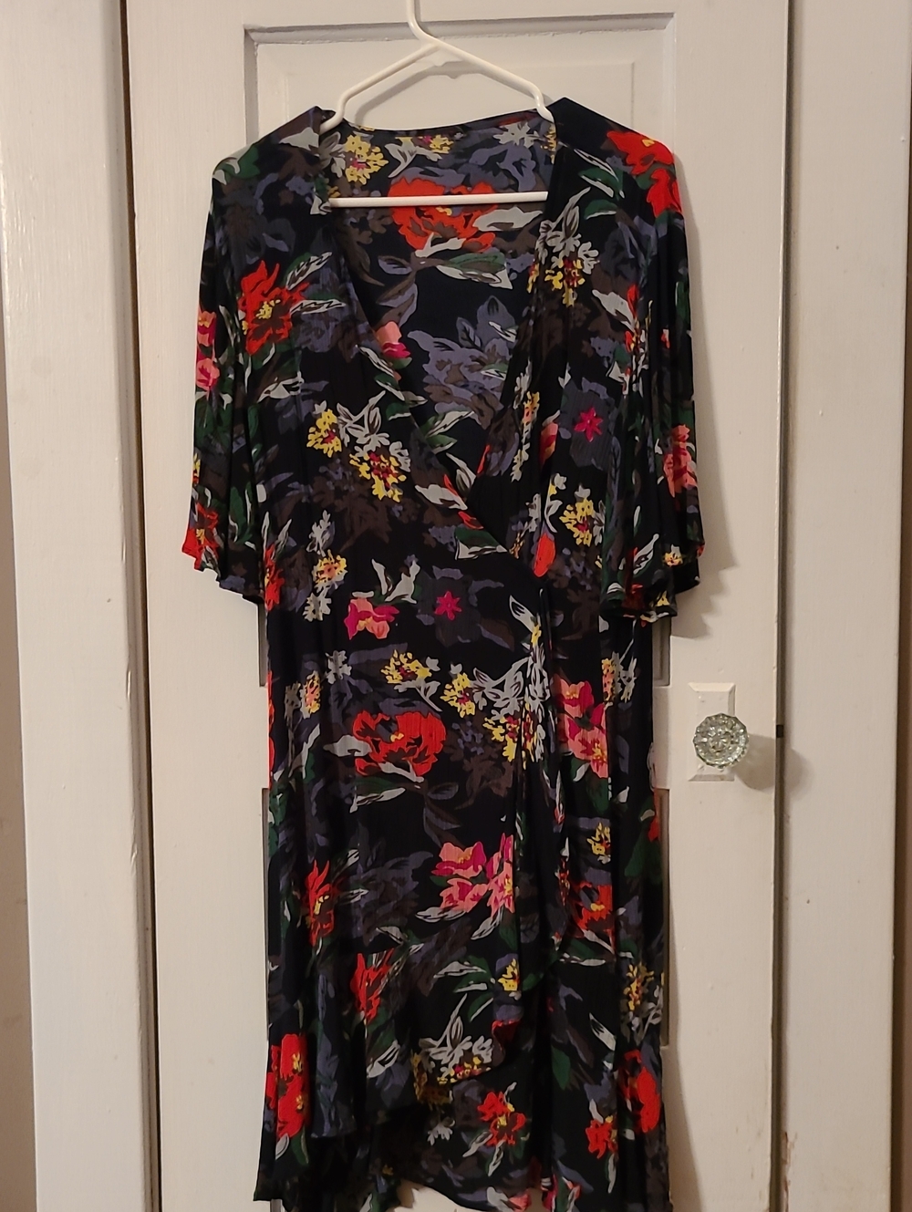 Women's Black Floral Wrap Dress - Vibrant Multicolor Print